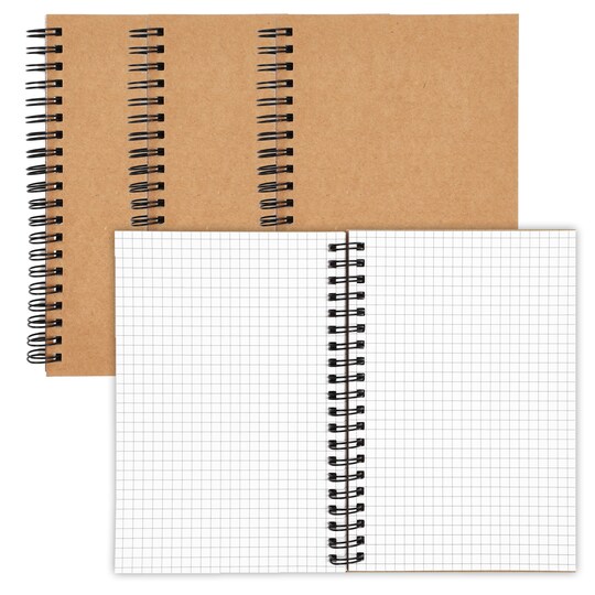 Paper Junkie; Paper Junkie 4 Pack Spiral Notebook Graph Paper, Small Graph Notebook with Kraft Cover, 5x7 inch, 50 Sheets Each, A5 Grid Notebooks for Sketching, Designing, Note-Taking, Brown Spiral Bound Journals; Category:Notebooks; Image:1